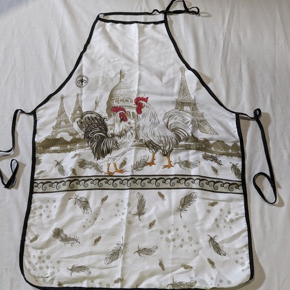 "Roosters in Paris" printed polyester bib apron tieback one size - Picture 1 of 6